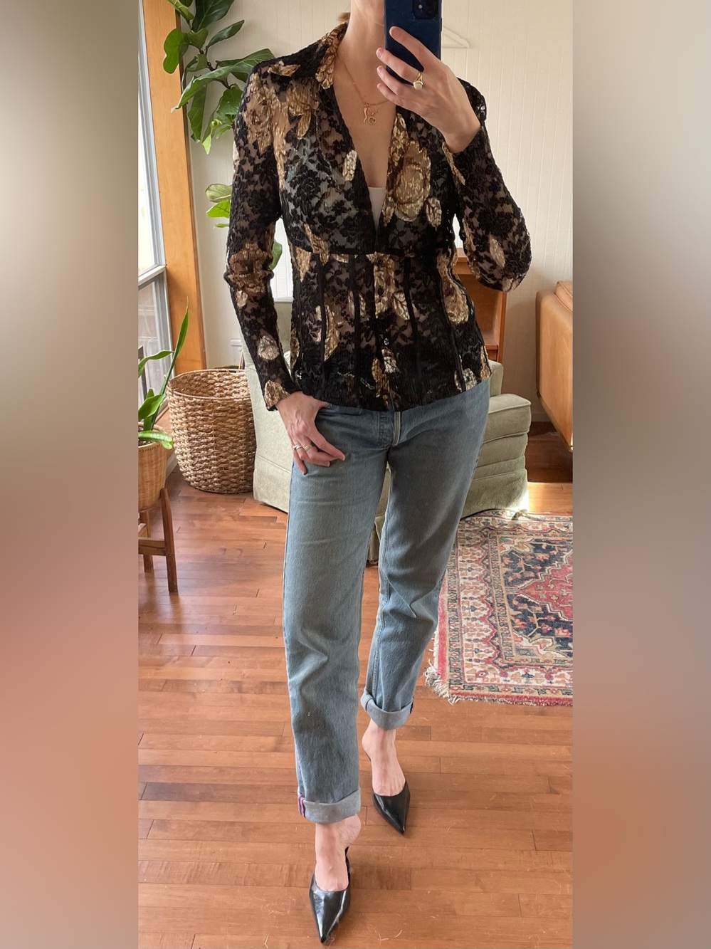 Joseph Ribkoff Black Lace Blouse with Floral Accents